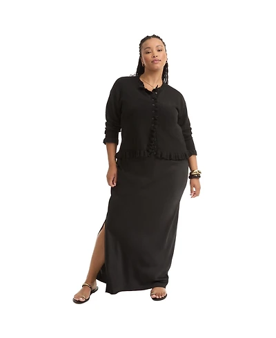 June + Vie Women's Plus Ruffle Hem Buttoned Sweater
