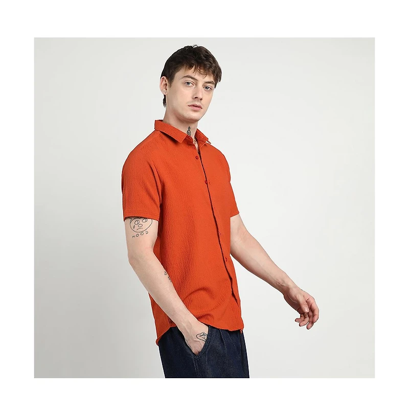 Campus Sutra Men's Red Ruched Regular Fit Casual Shirt
