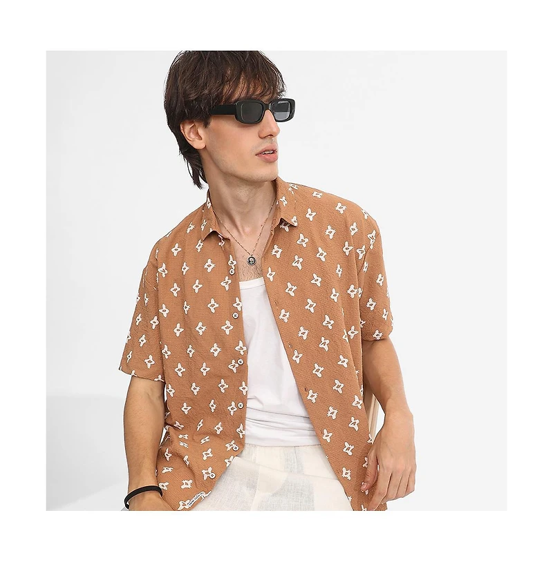 Campus Sutra Men's Tan Brown Floral-Tactile Oversized Shirt