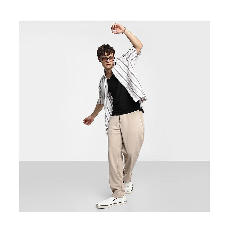 Campus Sutra Men's Ivory White & Burgundy Red Pencil-Striped Shirt