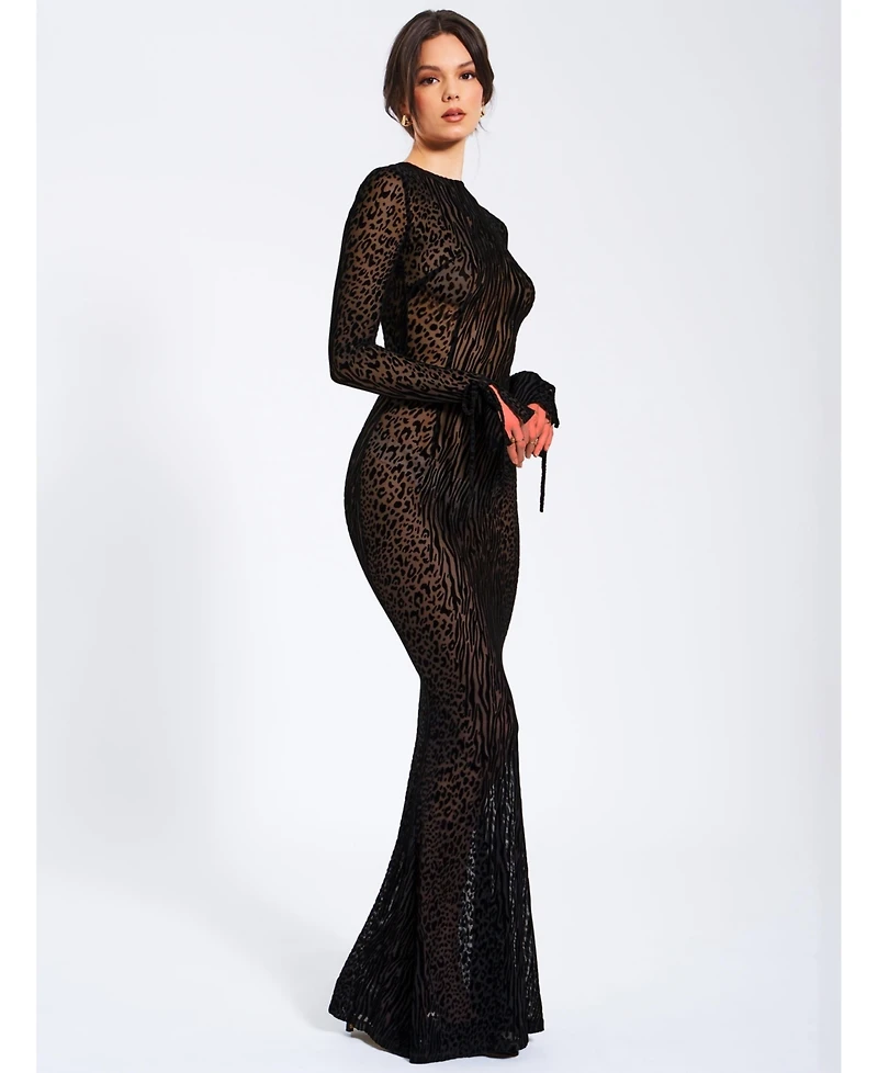 Miss Circle Women Waylynn Animal Print Burnout Velvet Detail Mesh Backless Maxi Dress