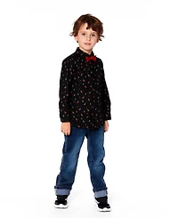 Deux par Boy Printed Poplin Shirt Black and Multicolor with Bow Tie - Toddler|Child