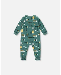 Deux par Baby Boys One-Piece Cotton Pajama Teal Construction Print