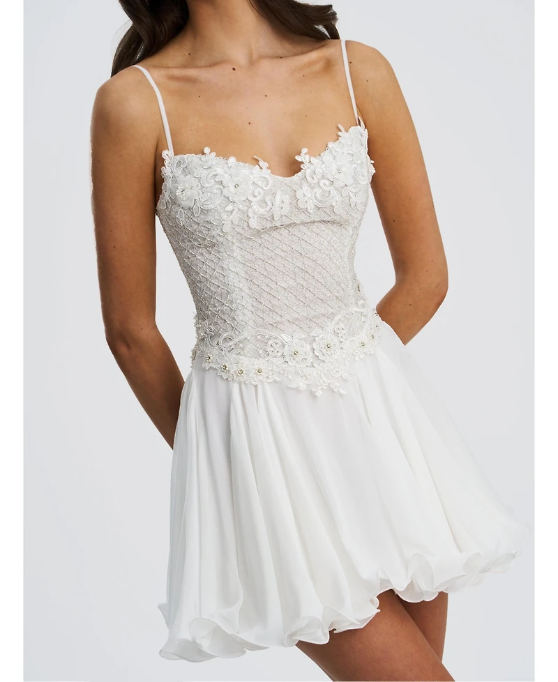 Miss Circle Women Fabiola Lace Trim Silver Net Top Mini Flare Chiffon Dress
