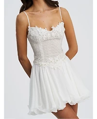 Miss Circle Women Fabiola Lace Trim Silver Net Top Mini Flare Chiffon Dress