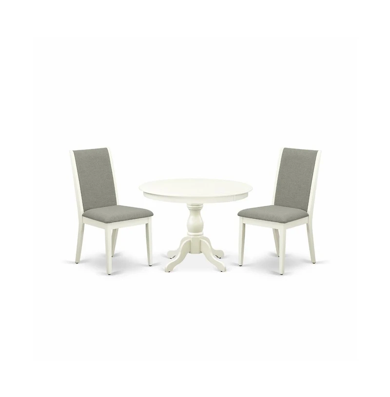 East West Furniture 3 Piece Dining Room Set - Linen White Round Dining Table and 2 Shitake Linen Fabric Modern Chairs with High Back