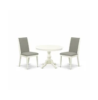 East West Furniture 3 Piece Dining Room Set - Linen White Round Dining Table and 2 Shitake Linen Fabric Modern Chairs with High Back