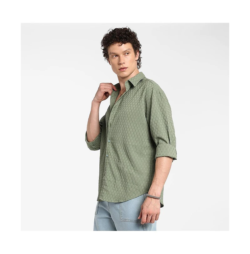 Campus Sutra Men's Fern Green Honeycomb-Textured Oversized Shirt