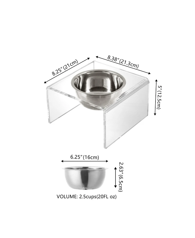 The Licker Store Keaton Modern Acrylic Rectangular Elevated Pet Feeder with 2-Stainless Steel Bowls