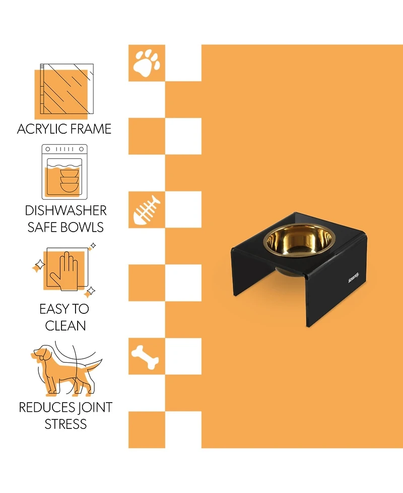 The Licker Store Keaton Modern Acrylic Rectangular Elevated Pet Feeder with 2-Stainless Steel Bowls