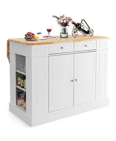 Gymax Large Kitchen Island Drop Leaf Breakfast Bar w/ Wood Top Shelves Drawers