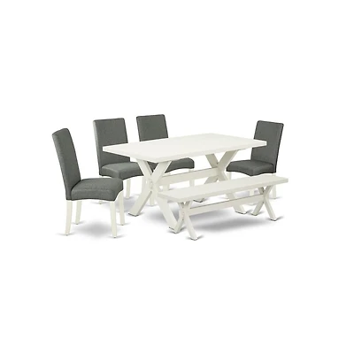 East West Furniture 6-Pc Kitchen Dinette Set-Gray Smoke Linen Fabric Seat and Stylish Chair Back Kitchen chairs, a Rectangular Bench and Rectangular T