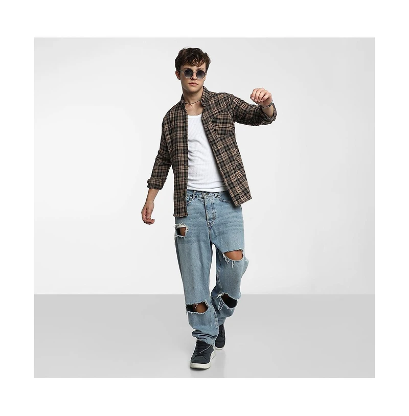 Campus Sutra Men's Tan Brown & Charcoal Black Tartan Plaid Shirt