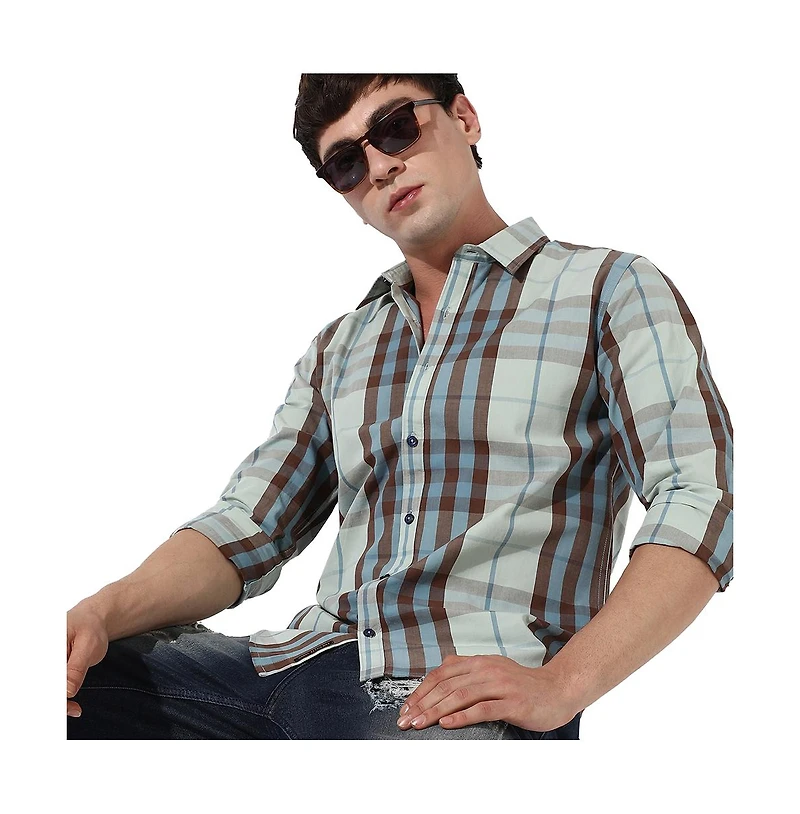 Campus Sutra Men's Sage Green Tartan Plaid Shirt