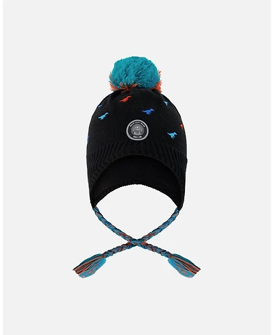 Deux par Boy Lined Winter Peruvian Knit Hat with Pompom Black - Toddler|Child