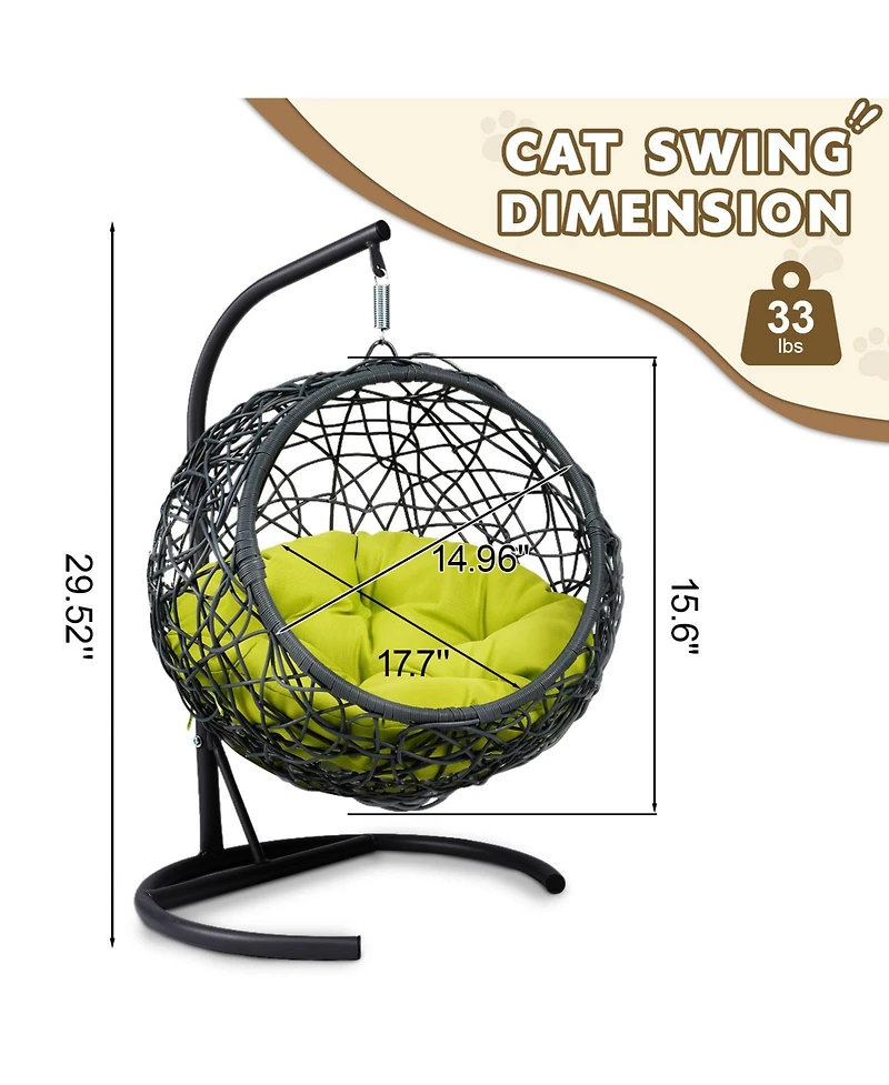 Flynama Cat Swing Bed with Stand & Cushion, Cat Egg Chair with Rattan Wicker Appearance, Indoor Hanging Swinging Cat Bed for Cats, Small Dogs, and Sma