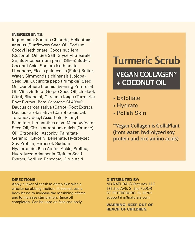 M3 Naturals Exfoliating Body Scrub | Turmeric Body Scrub and Skin Exfoliator with Collagen and Coconut Oil | 12oz