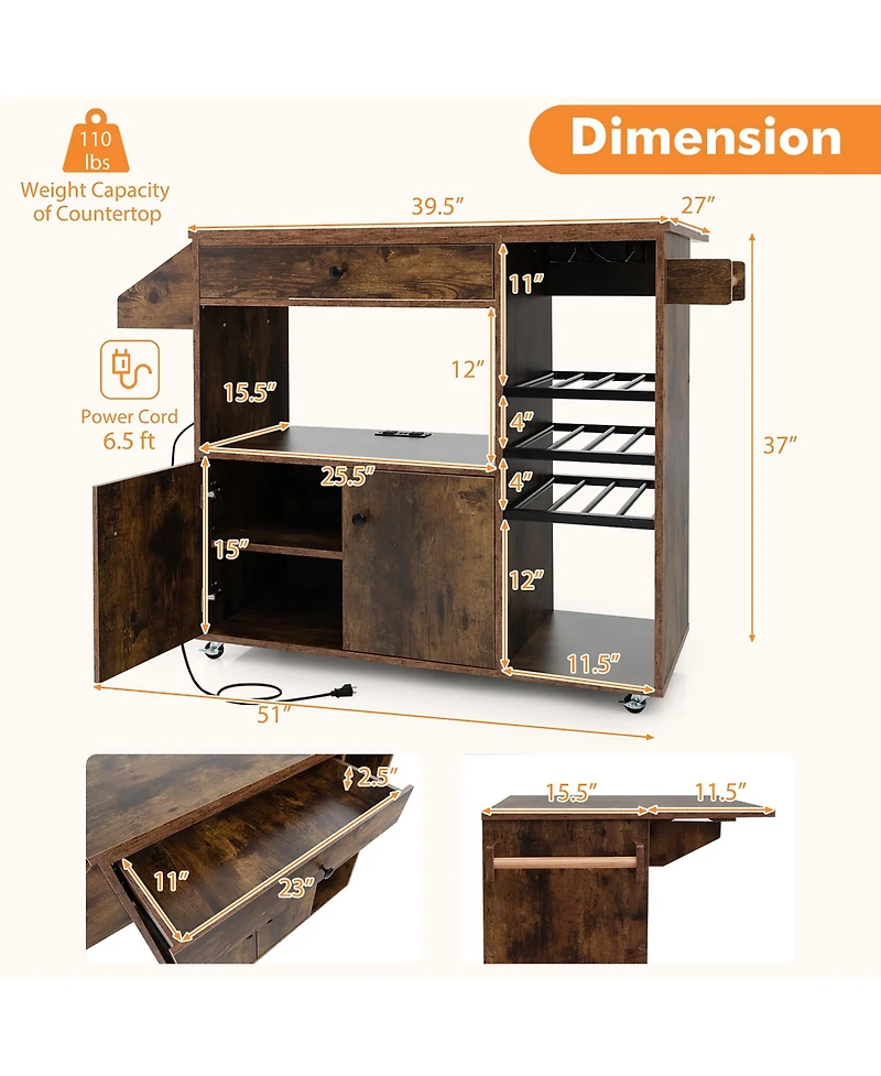 Gymax Kitchen Island Cart w/ Drop-Leaf & Power Outlet Microwave Shelf Wine Rack Drawer