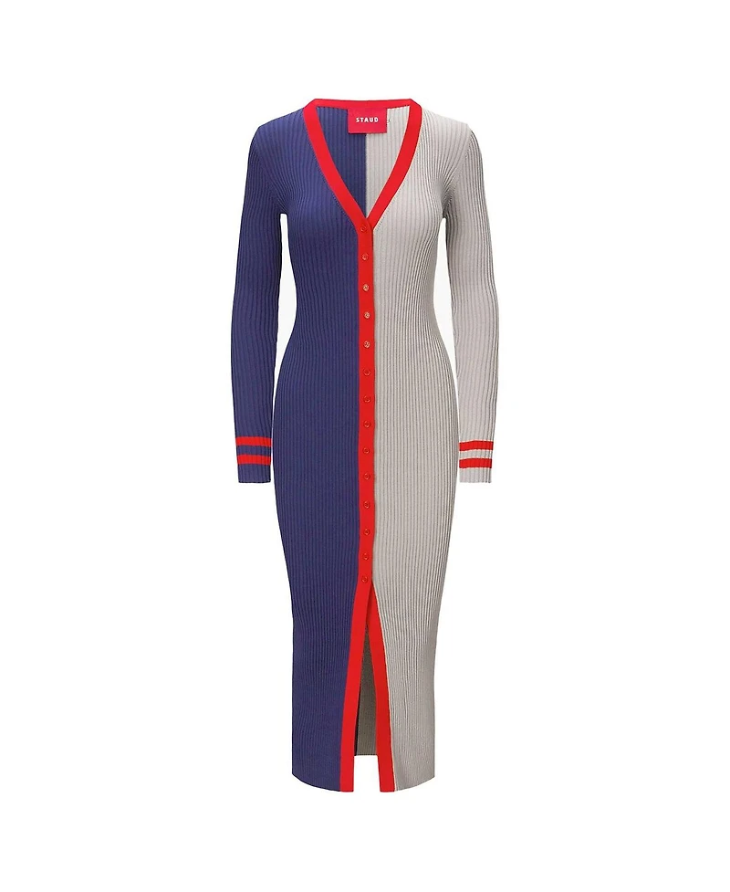 Staud Women's Navy/Gray New England Patriots Shoko Knit Button-Up Sweater Dress