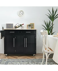 Gymax Kitchen Island Trolley Cart Wood Top Rolling Storage Cabinet w/Knife Block