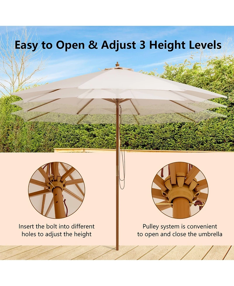 Gymax 9.5 Ft Rope Pulley Wooden Umbrella Market w/ Fiberglass Ribs Patio