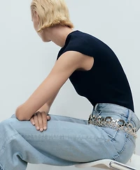 Mango Women's Turned-Up Hem Wide Leg Cropped Jeans