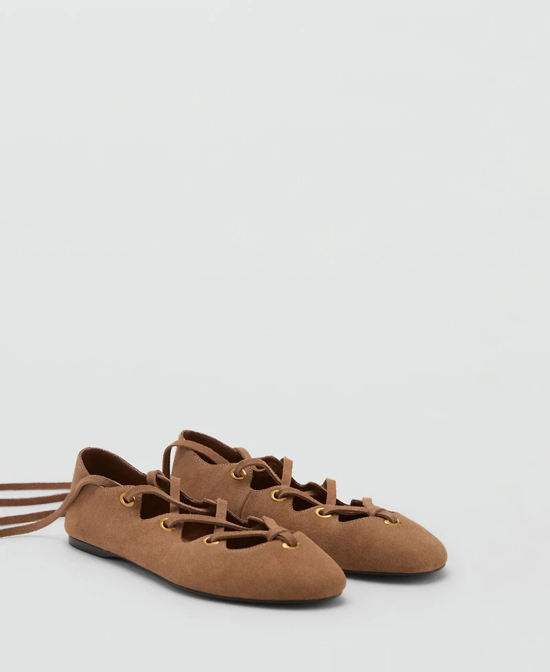 Mango Women's Crossed Straps Suede Ballet Flats