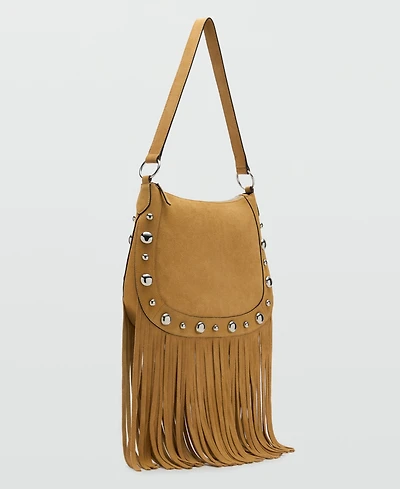 Mango Women's Fringes and Stud Details Suede Bag