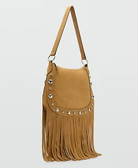 Mango Women's Fringes and Stud Details Suede Bag