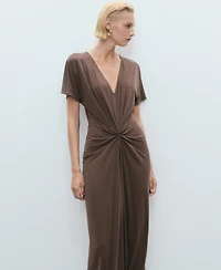 Mango Women's Gathered Neckline V-Neck Dress
