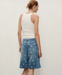 Mango Women's Floral Embroidered Denim Bermuda Shorts