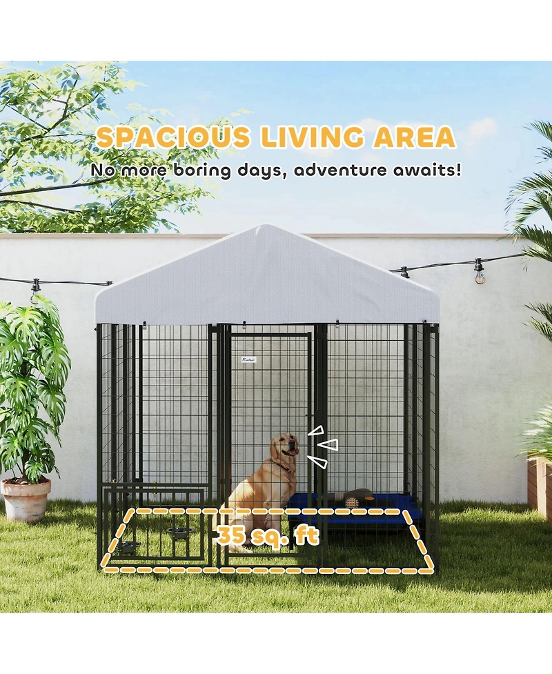 PawHut 5.9' x 5.9' x 6' Outdoor Dog Kennel with Rotating & Adjustable Bowls