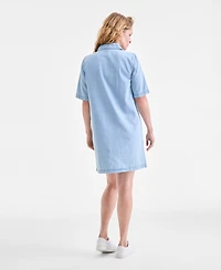 Style & Co Petite Cotton Short Sleeve Popover Denim Dress, Exclusively at Macy's
