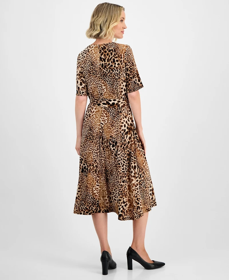 Kasper Women's Printed Elbow-Sleeve Tie-Waist Midi Dress