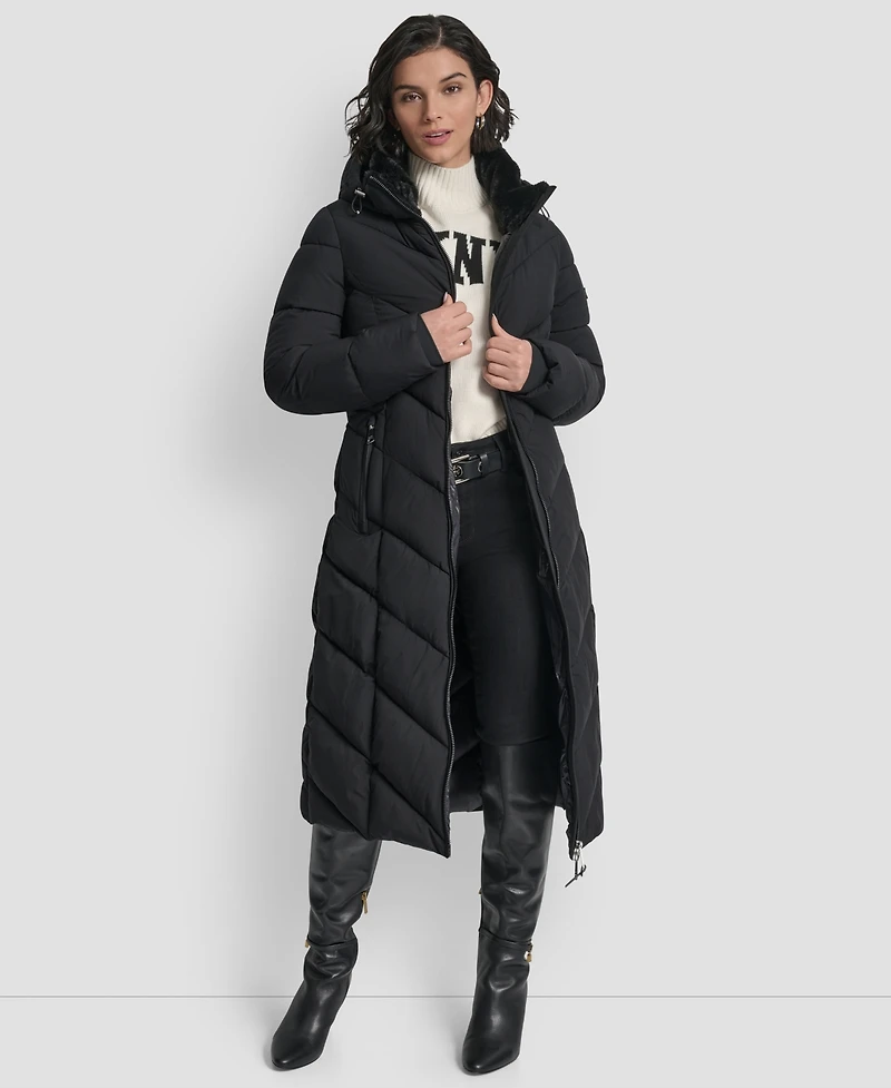 Dkny Women's Hooded Zip Front A-Line Maxi Puffer Coat