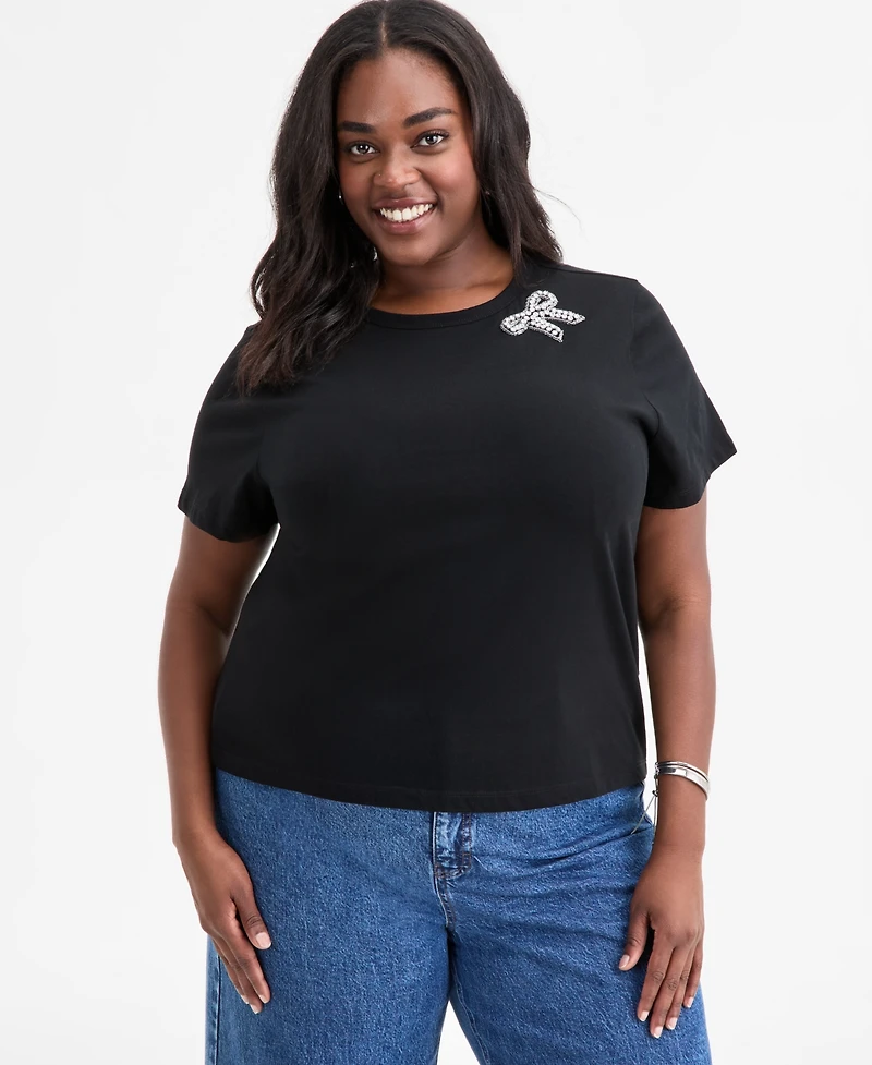 On 34th Trendy Plus Embellished Bow Cotton T-Shirt, Macy's Exclusive