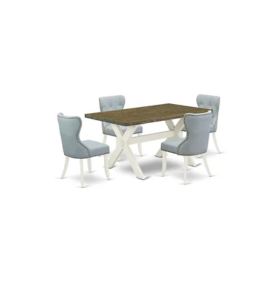 East West Furniture 5-Piece Modern Dining Table Set- 4 Dining Chair with Baby Blue Linen Fabric Seat and Button Tufted Chair Back