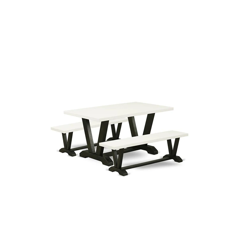 East West Furniture 3 Piece Dining Room Set - 1 Linen White Wood Dining Table and 2 Wood Benches - Stable and Durable Construction