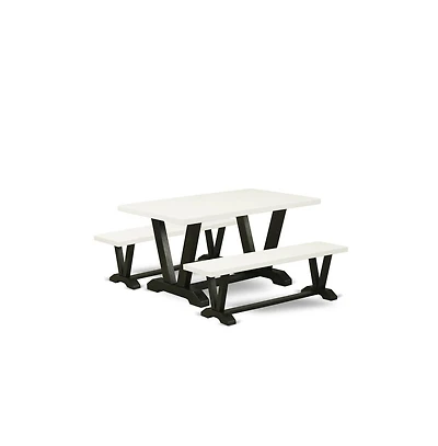 East West Furniture 3 Piece Dining Room Set - 1 Linen White Wood Dining Table and 2 Wood Benches - Stable and Durable Construction