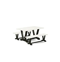 East West Furniture 3 Piece Dining Room Set - 1 Linen White Wood Dining Table and 2 Wood Benches - Stable and Durable Construction