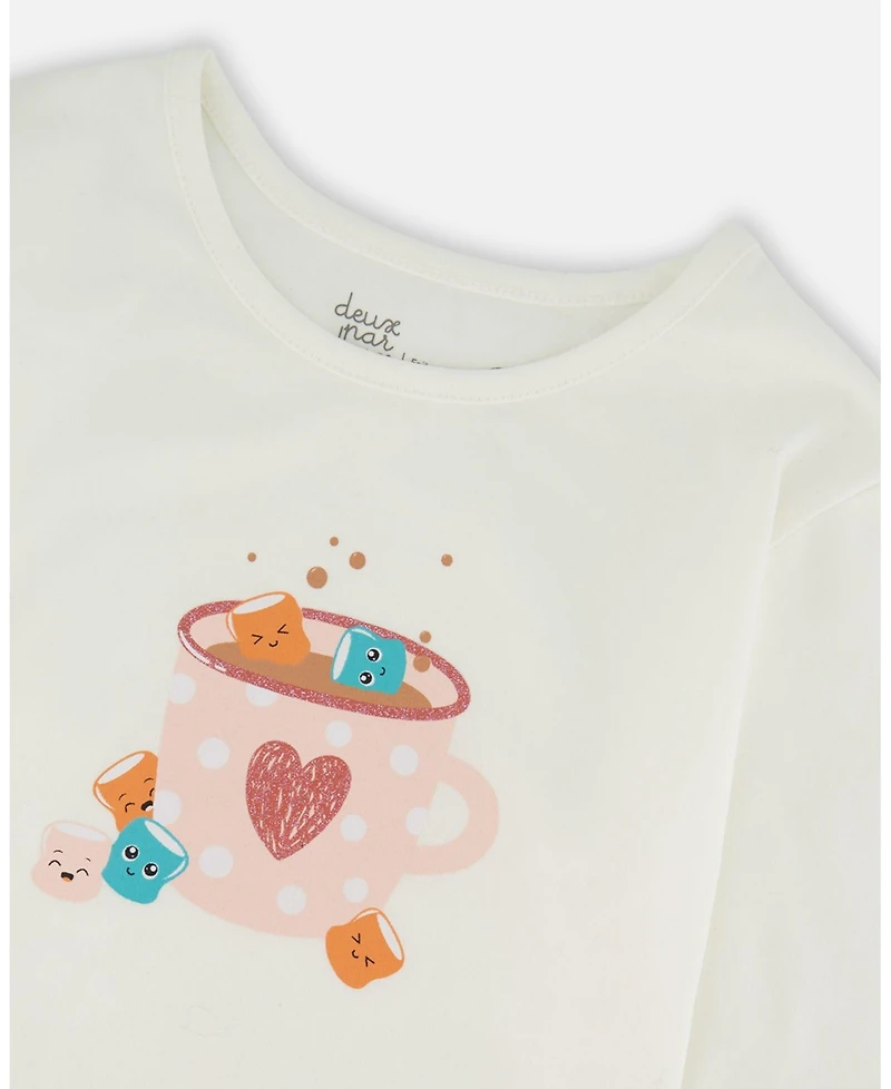Deux par Big Girls Cotton Long Sleeve T-Shirt Off-White with Hot Chocolate