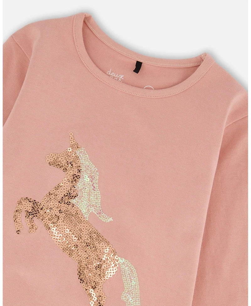 Deux par Big Girls Cotton Long Sleeve T-Shirt Dusty Pink with Sequin Unicorn