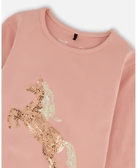 Deux par Big Girls Cotton Long Sleeve T-Shirt Dusty Pink with Sequin Unicorn