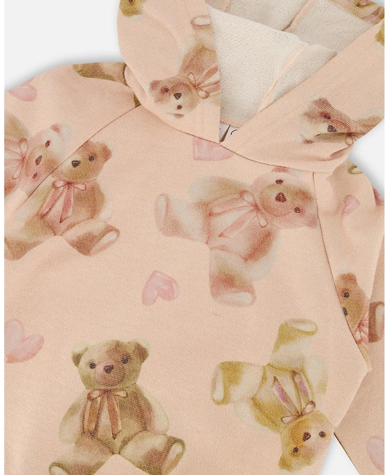 Deux par Big Girls Glittering French Terry Hoodie Beige Teddy Bear Print