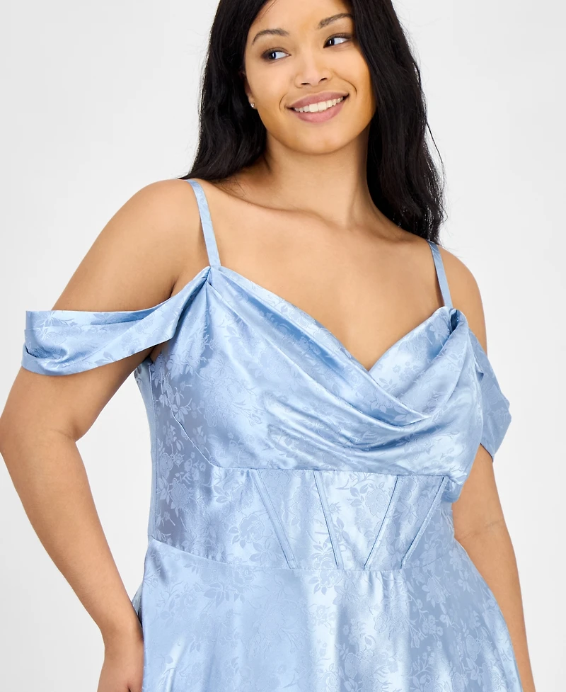 B Darlin Trendy Plus Off-The-Shoulder Satin Jacquard Gown