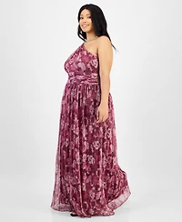 B Darlin Trendy Plus Printed One-Shoulder Gown
