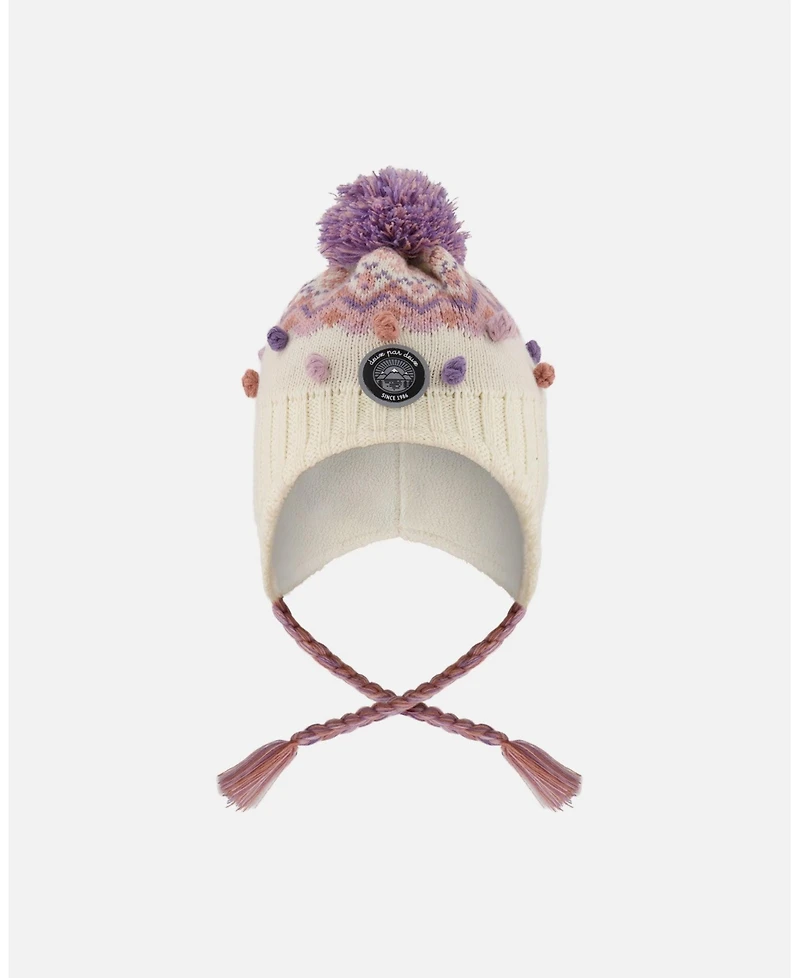 Deux par Girl Lined Peruvian Knit Pompom Hat Off-White and Lilac - Toddler|Child