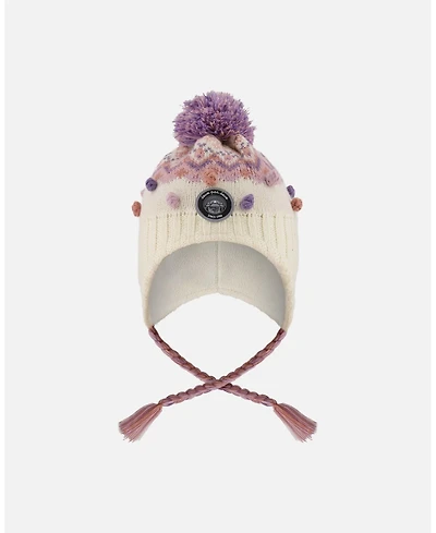 Deux par Girl Lined Peruvian Knit Pompom Hat Off-White and Lilac - Toddler|Child