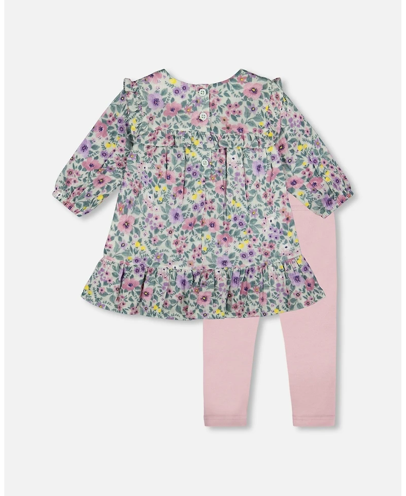 Deux par Baby Girl Printed Muslin Sage Floral Dress and Solid Leggings Set