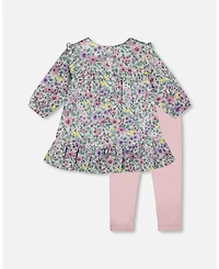 Deux par Baby Girl Printed Muslin Sage Floral Dress and Solid Leggings Set